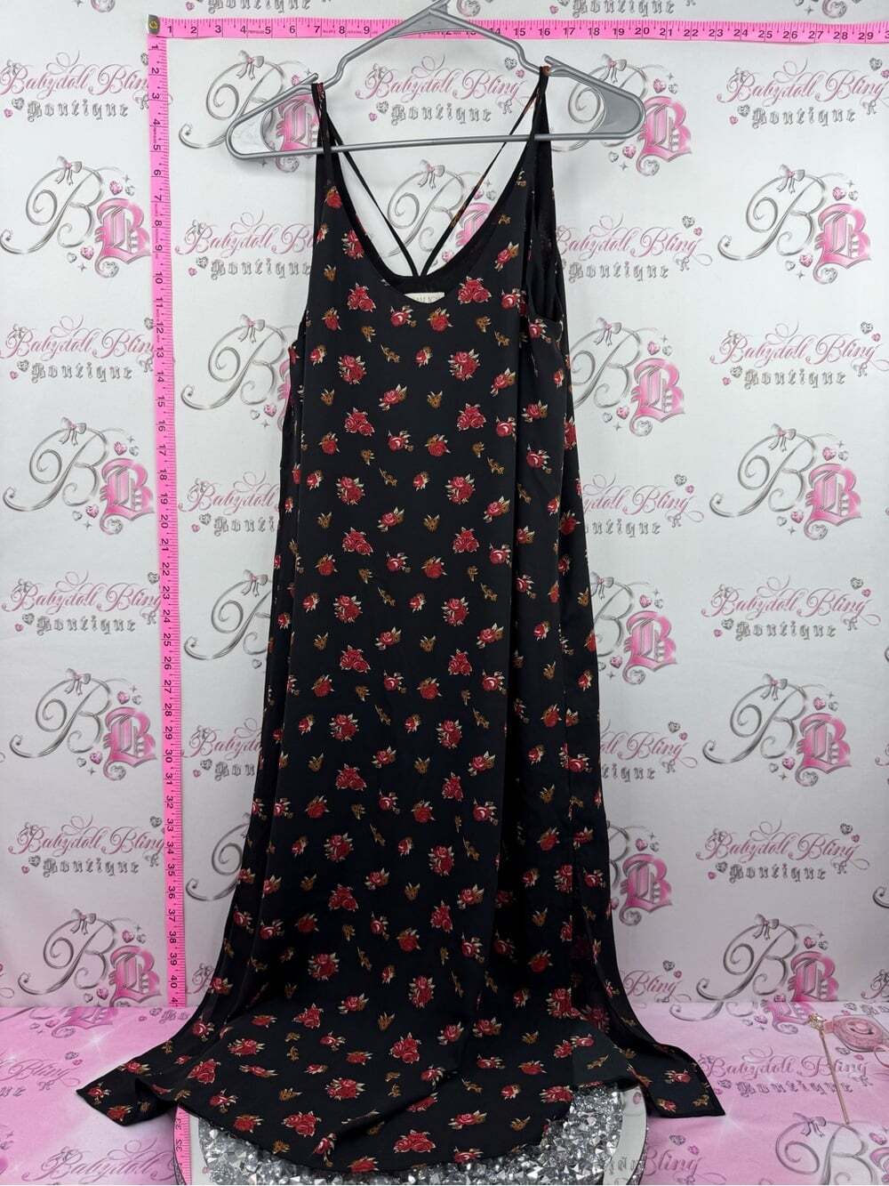 ELIANE ROSE dress long Women's Black Floral Slip Dress with Red Rose Print
